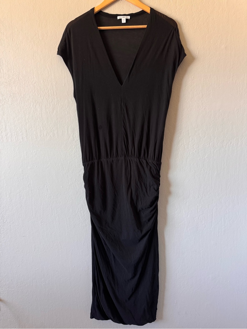 James Perse Standard, Black V-Neck Shirred Midi Dress - Women Size Large